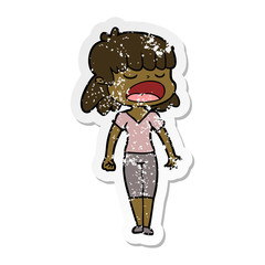 distressed sticker of a cartoon woman talking loudly