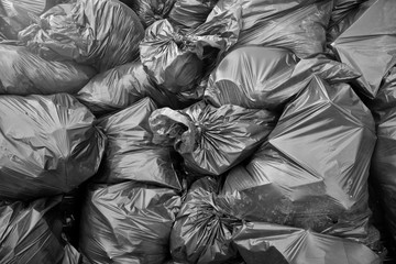 Big pile of garbage and waste in black bags. Background.