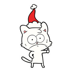 line drawing of a nervous cat wearing santa hat
