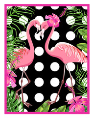 Invitation template for a beach party. Flamingo and tropical leaves.Poster.