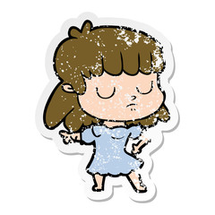 distressed sticker of a cartoon indifferent woman