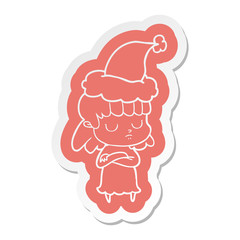 cartoon  sticker of a indifferent woman wearing santa hat