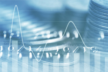 Double exposure Rows of coins of cash,money, dollar on the table,finance and business concept,Tex time soft focus and blurred style,dark tone.