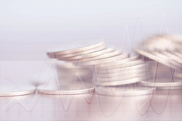 Double exposure Rows of coins of cash,money, dollar on the table,finance and business concept,Tex time soft focus and blurred style,dark tone.