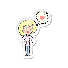 retro distressed sticker of a cartoon woman in love