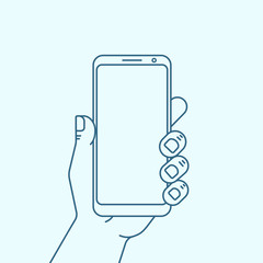 Hand with phone with empty screen. Outline icon smartphone.