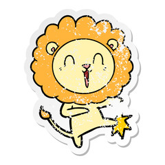 distressed sticker of a laughing lion cartoon