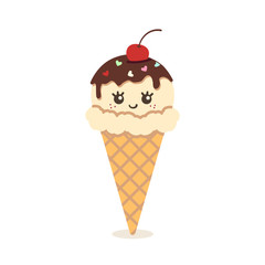 Cute, kawaii vanilla ice cream with a smile in a waffle cone.