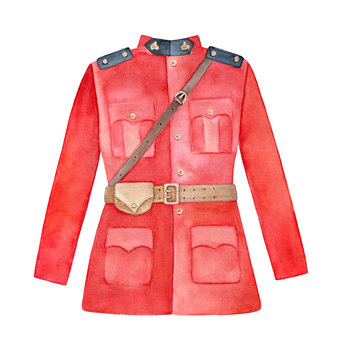 High collared scarlet tunic with brown Sam Browne belt, leather pouch for carrying handcuffs, gold buttons, black epaulets. One single object, front view. Handdrawn watercolour graphic illustration.