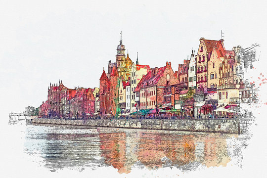 Watercolor sketch or illustration of a beautiful view of the architecture of the city of Gdansk in Poland