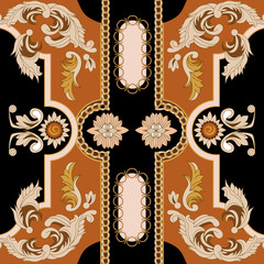 Seamless pattern with golden chain and baroque leaves. Vector patch for scarfs, print, fabric.Belts,metallic accessories and jewelry.Italian motifs. Straps.Realistic vector.Black background. - Vector 