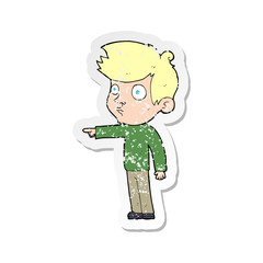 retro distressed sticker of a cartoon pointing boy
