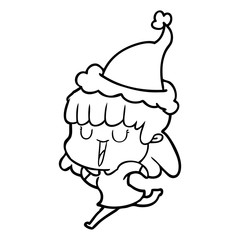 line drawing of a woman wearing santa hat