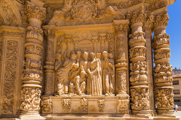 Astorga, Spain. High relief to the right of the central portal of the Cathedral: Christ and the sinner