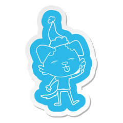 cartoon  sticker of a dog sticking out tongue wearing santa hat