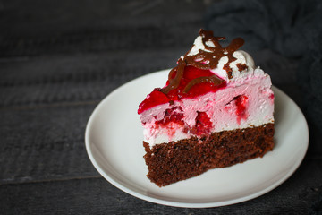 cake piece, souffle raspberry. Delicious, sweet dessert. top view. copy space