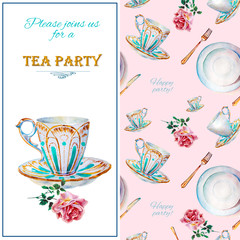 Party colorful tea cups and saucers closeup. Sketch handmade. Postcard for Valentine's Day. Watercolor illustration. - 254046207