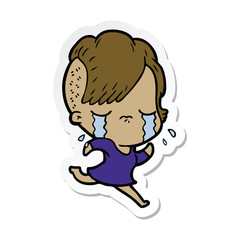 sticker of a cartoon crying girl running away