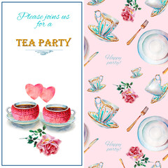 Party colorful tea cups and saucers closeup. Sketch handmade. Postcard for Valentine's Day. Watercolor illustration.