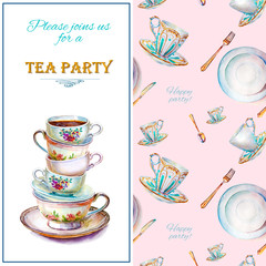 Party colorful tea cups and saucers closeup. Sketch handmade. Postcard for Valentine's Day. Watercolor illustration. - 254046488