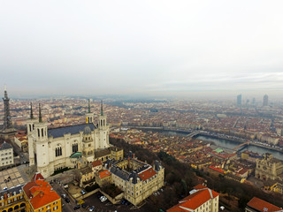 Obraz premium erial View of Lyon in France with Cathedral, River, Tower and Roman Ruins