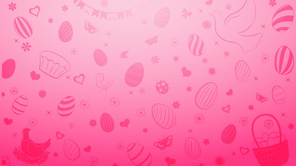 Background of eggs, flowers, cakes, hare, hen, chicken and other Easter symbols in pink colors