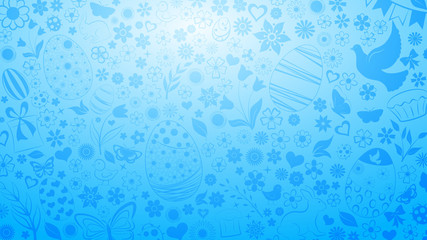 Background of eggs, flowers, cakes, hare, hen, chicken and other Easter symbols in light blue colors