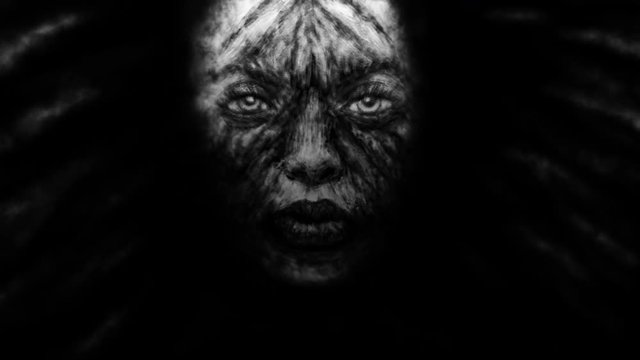 Creepy witch girl face with black developing hair. Animation in genre of fantasy. Black and white colors.