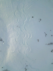 Aerial view of freeride ski tracks in powder on mountain slope. Downhill traces of skiers in Swiss alps.