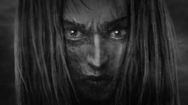 Beautiful warrior girl face with an angry look. 2D animation horror fantasy genre. Scary animated backdrop movie. Motion graphics for VJ loop and music clip. Creepy short film. Black and white colors.