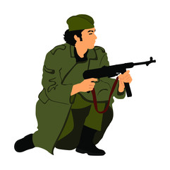 Second world war army soldier with rifle vector illustration. WW2 soldier with rifle aim and shoot at the enemy.
