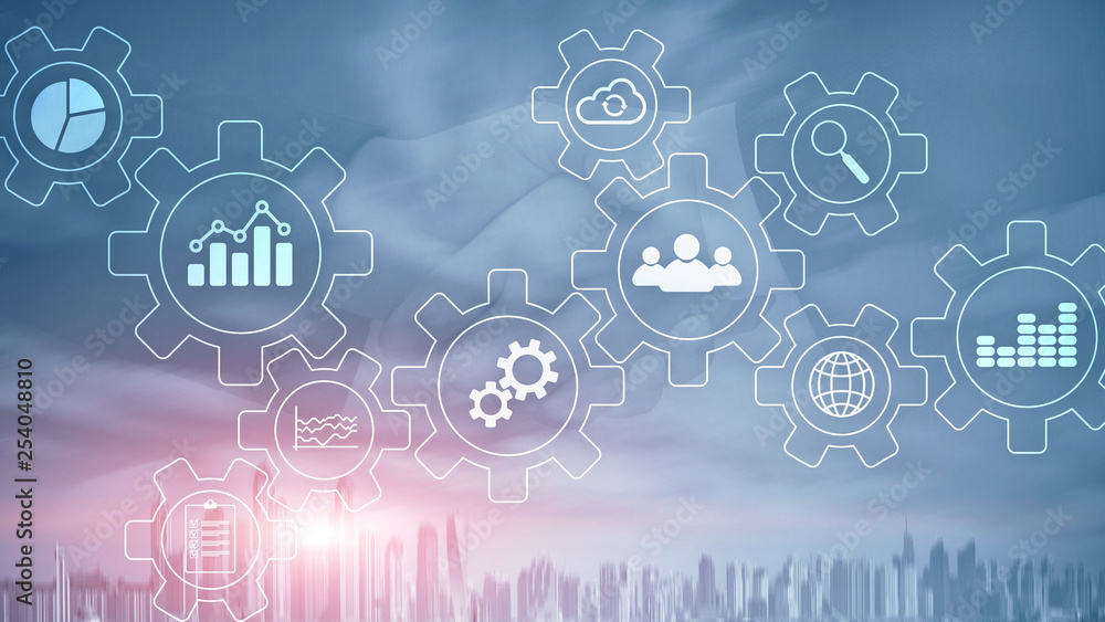 Poster business process abstract diagram with gears and icons. workflow and automation technology concept