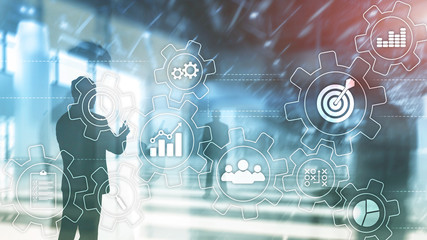 Business process automation concept. Gears and icons on abstract background