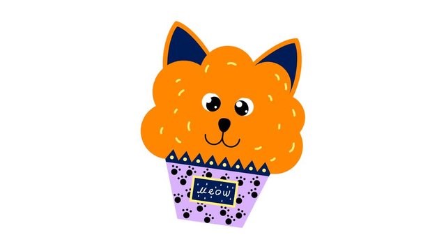 Cute cupcake with happy red cat in a pot for stickers, patches, pins. Looped 4K motion graphic.