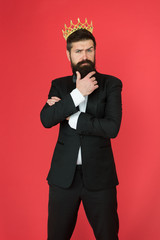 Elite society. Feeling superior. Man bearded guy in tuxedo golden crown symbol of monarchy. King...
