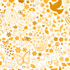Seamless pattern of eggs, flowers, cakes, hare, hen, chicken and other Easter symbols, brown on white