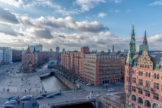 The skyline of Hamburg Germany from the Unesco World Heritage