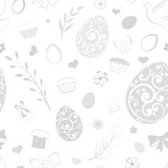Seamless pattern of eggs, flowers, cake, gift box and other Easter symbols, gray on white