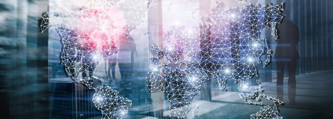 Web site header. Global World Map Double Exposure Network. Telecommunication, International business Internet and technology concept.