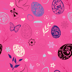 Seamless pattern of eggs, flowers, cakes, hen, chicken and other Easter symbols, multicolored on pink