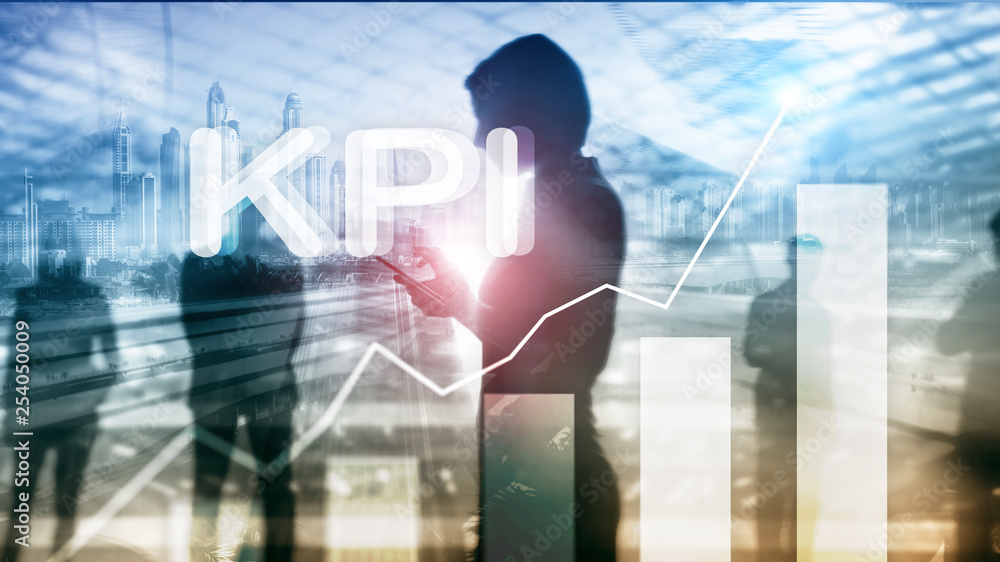 Aufkleber kpi - key performance indicator. business and technology concept. multiple exposure, mixed media. fi