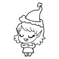happy line drawing of a elf girl wearing santa hat