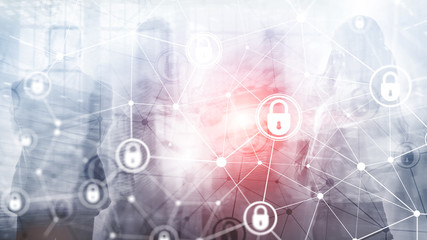 Cyber security, information privacy, data protection concept on modern server room background. Internet and digital technology concept.