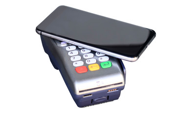 payment through the cash terminal. mobile phone as a bank card. isolate on white background.