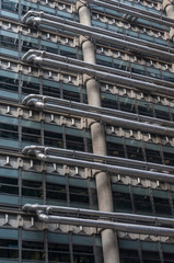 London Skyline modern architecture. Futuristic glass and concrete buildings. Looking up at futuristic London skyscrapers