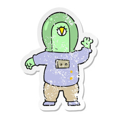 distressed sticker of a cartoon space alien