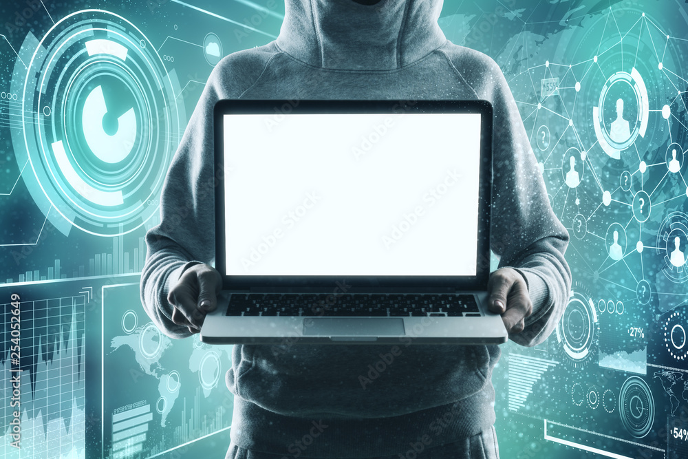 Poster hacker with empty laptop