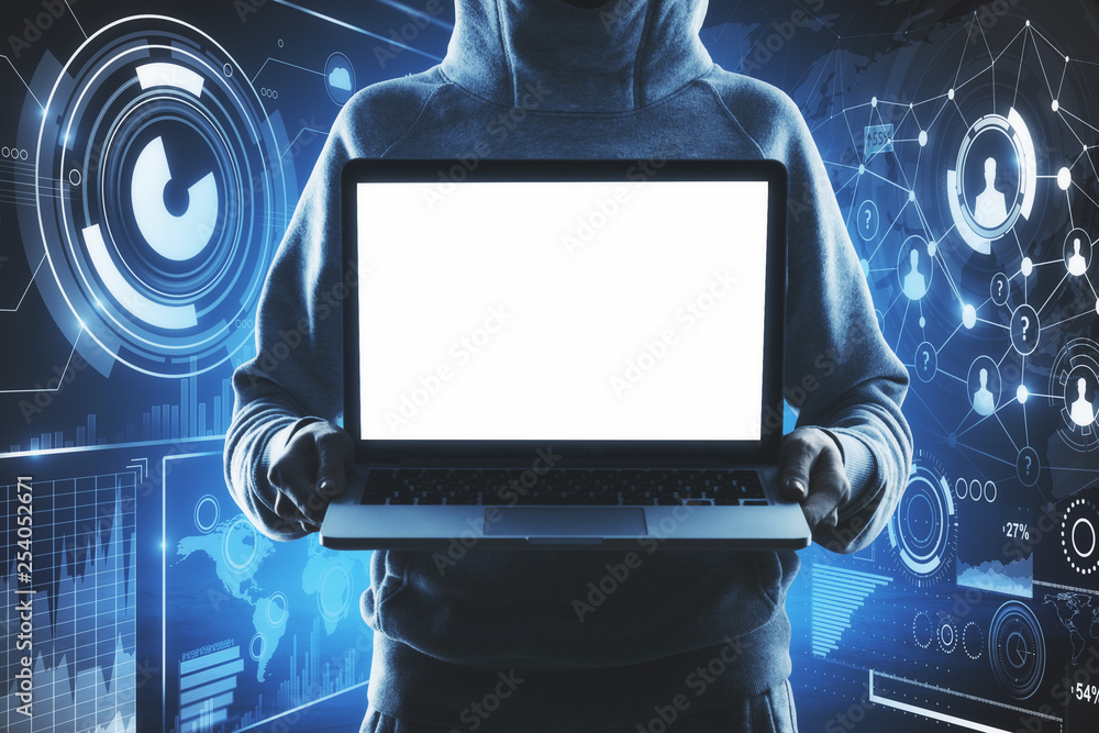 Poster hacker with blank laptop