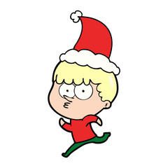 line drawing of a curious boy running wearing santa hat