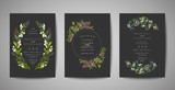 Set of Wedding Invitation, floral invite, thank you, rsvp rustic card design with gold foil decoration. Vector elegant modern template on black background
